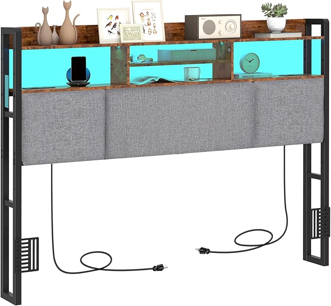 Upholstered Queen Size Headboard with 2 Power Outlets & LED Light, Head Board with Storage Shelves for Bed, Queen Headboard Only, Height Adjustable, Sturdy & Stable, Brown