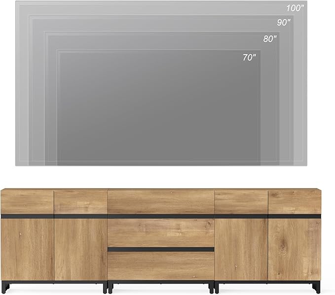 WAMPAT Modern TV Stand for TVs up to 100 inch, 3 in 1 TV Console with Adjustable Shelves and 3 Drawers, Media Console for Living Room, Bedroom, Oak