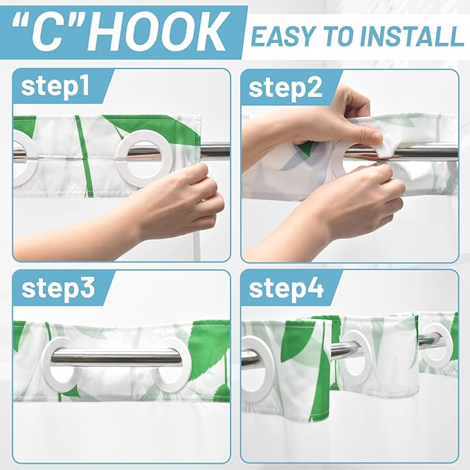 No Hook Shower Curtain with Snap in Liner - Fabric Waterproof Inner Liner, Plants Green Floral Pink Nature Birds Cloth Shower Curtains Washable, 71 x 74 Inch