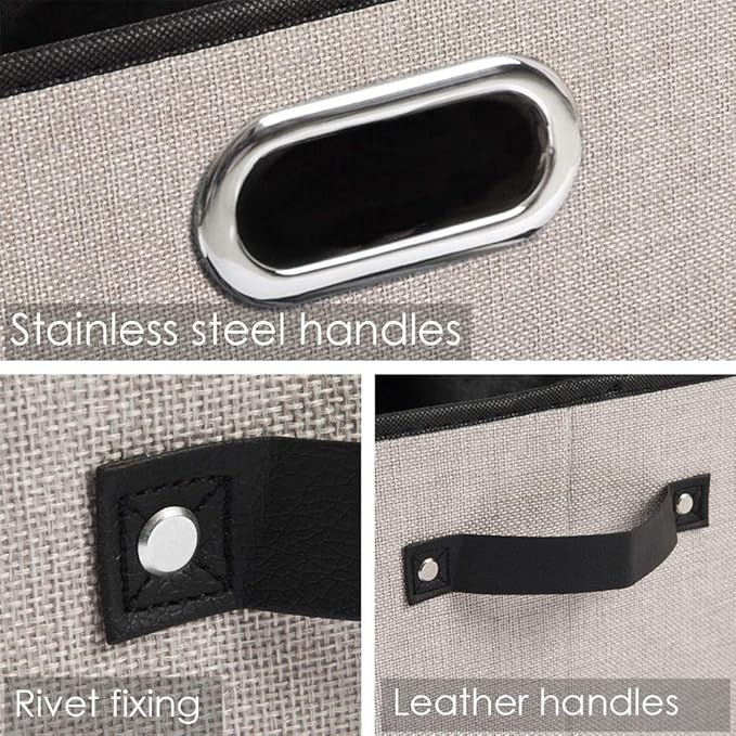 PRANDOM Fodable Storage Baskets for Closet [5-Pack] Decorative Fabric Storage Bins Cubes with Leather/Metal Handles for Shelves Bedroom Living Room Light Grey (11.5x8.5x6.7 Inch)
