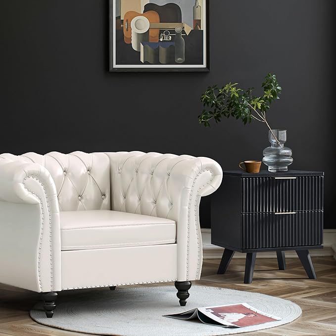 Fluted 2 Drawer Small Dresser for Bedroom, Mid Century Modern Nightstand with Drawers, Low Bedside Table with Drawers, End Table Short Storage, Living Room, Dorm -Black