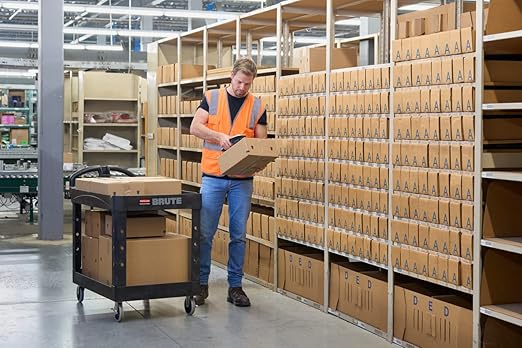 Rubbermaid Commercial Products 2-Shelf Utility/Service Cart, Medium, Black, Lipped Shelves, Ergonomic Handle, 500 Lbs Capacity, forfor Warehouse/Garage/Cleaning/Manufacturing