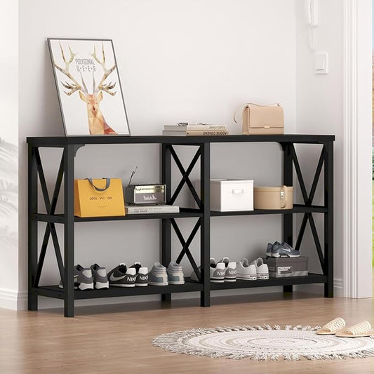 LVB Black Console Table, Modern Entryway Table with 3 Tier Storage Shelves, Industrial Sofa Table Behind Couch for Living Room, Farmhouse Wood Metal Entry Table for Hallway Foyer, Black Oak, 55 Inch