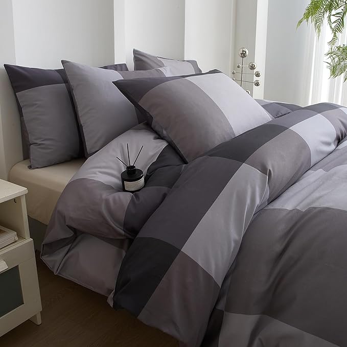 mixinni King Comforter Set Men Boys Geometric Checkered Plaid Printed Bedding Comforter for All Season Soft Lightweight Bedding Set-(King Size, Grey,Black)