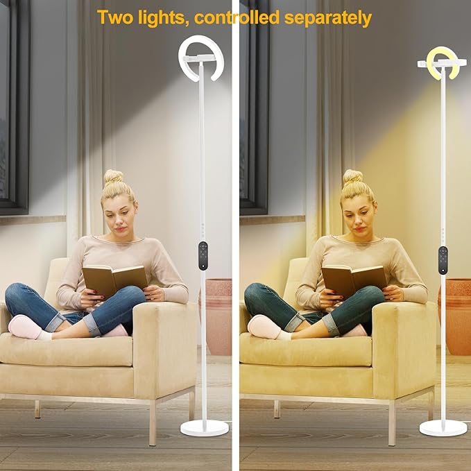 Torchiere Floor Lamp for Bedroom, 75.5 Inch Tall Corner Standing Lamp for Living Room with Rotatable Ring Lights, 36W Bright Dimmable LED Floor Light with Remote Control for Reading Office