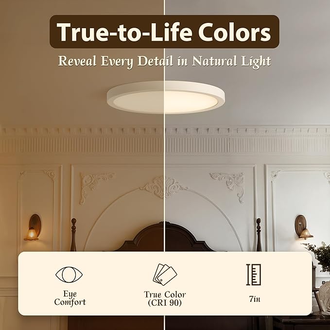 7 Inch Flush Mount Ceiling Light Fixture, 5CCT Adjustable LED Ceiling Light, Flicker-Free, Bedroom Ceiling Light, Dimmable Close to Ceiling Light – Ultra Thin, CRI90 – 1 Pack