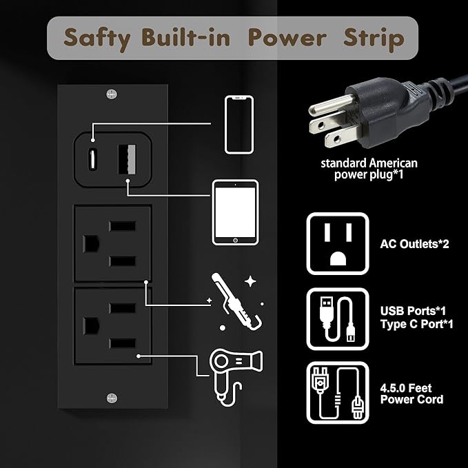 YESHOMY Vanity Desk with Mirror, Power Outlet and 10 Lights, Makeup Table with 7 Drawers, 3 Color Modes Available for Bedroom, Dark Black