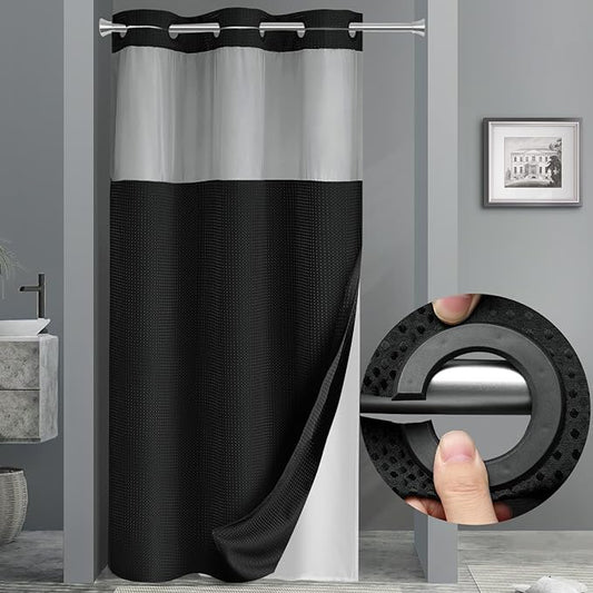 YellyHommy Stall No Hook Shower Curtain with Snap in Liner Set Less Time Black Waffle Shower Curtain for Bathroom 75" L x 36" W