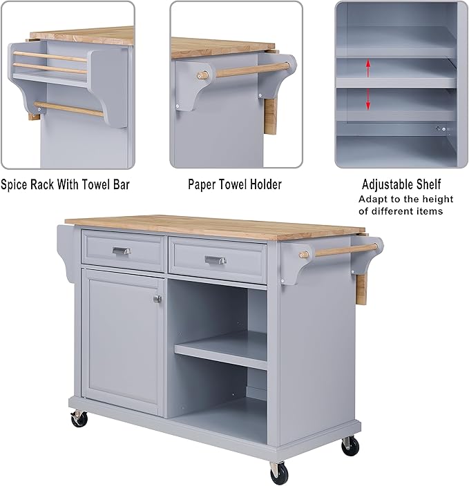 Mobile Kitchen Island on 5 Universal Wheels, Greenguard Gold Certified, Stationary Storage Island with 5 Wood Cabinet Feet, Utility Kitchen Island Cart with Drop-Leaf and Storage for Kitchen (Gray)