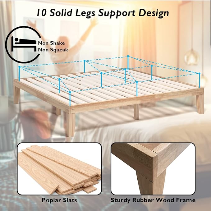Giantex King Wood Platform Bed Frame, 14 Inch Solid Rubber Wood Mattress Foundation, Heavy Duty Wooden Slats Support, No Box Spring Needed, Easy Assembly, Natural
