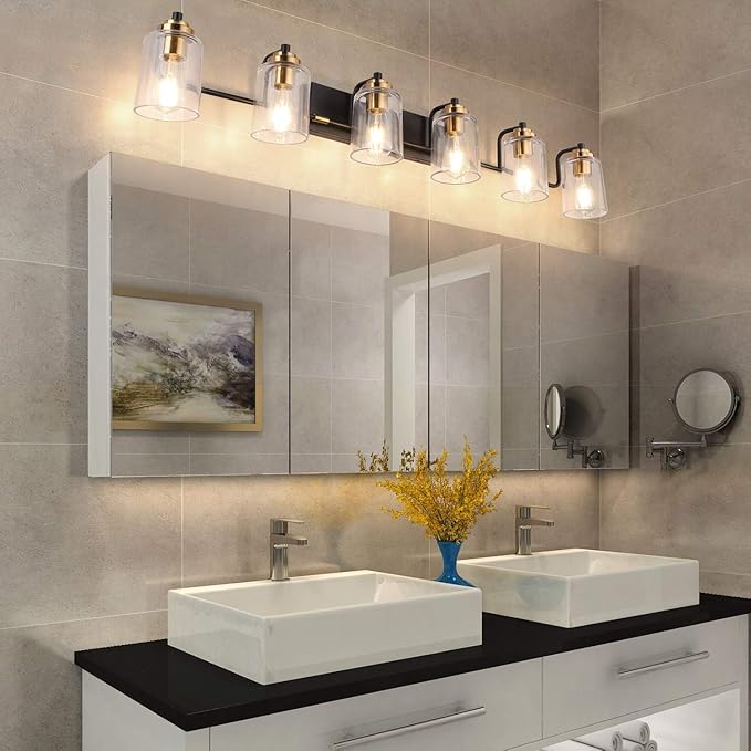 SOLFART Vintage Wall Vanity Lights for Bathroom Vanity Light 40 inch Black Globe Light Metal with Clear Glass Brass Fixtures Wall Mount Lighting Sconce 6 Light