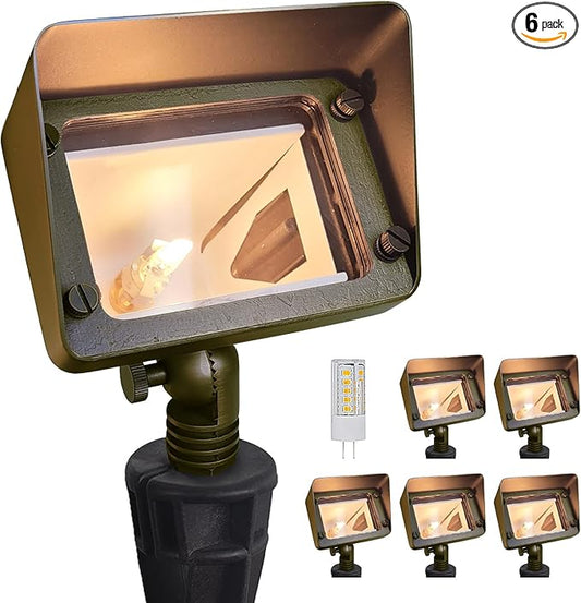 COLOER Brass Rectangular Flood Lights 6 Pack with 4W 2700K LED G4 Bulb, 12V Low Voltage Landscape Floodlights for Outside, Outdoor Wall Lights Illuminating Signs, Walls and Plant Material