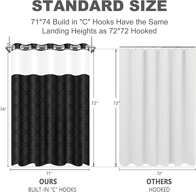 No Hook Shower Curtain Set with Snap in Liner, Black Jacquard Tufted Geometric Bath Curtain, Boho Luxury Hotel Bathroom Decor, Waterproof Washable, 71 x 74 Inch