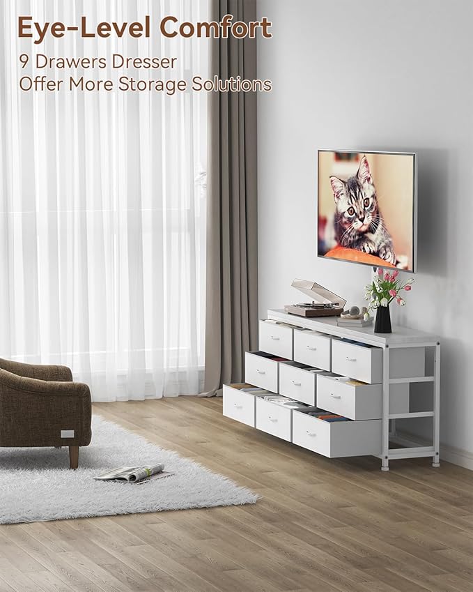 TV Stand with Mount for 32/55/65/75/85 inch TVs, Entertainment Center with 9 Fabric Drawers Dresser Storage, Height Adjustable Media Console