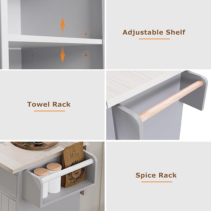 Kitchen Island with Storage & Drop Leaf, 51" Kitchen Rolling Island on Wheels with Spice Rack & Towel Rack, Kitchen Island Cart with Trash Can Storage, Grey