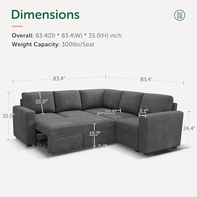 HONBAY Modular Sectional Sleeper Sofa with Pull Out Bed, Corduroy L Shaped Couch with Storage Seats, Convertible Sectional Couches for Living Room, Dark Grey