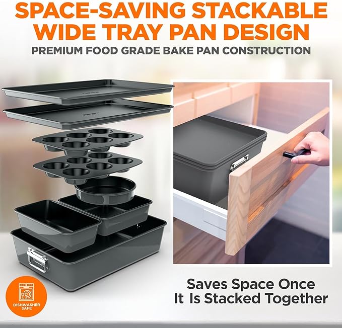 NutriChef 8-Piece Nonstick Stackable Bakeware Set - PFOA, PFOS, PTFE Free Baking Tray Set w/Non-Stick Coating, 450°F Oven Safe, Round Cake, Loaf, Muffin, Wide/Square Pans, Cookie Sheet (Gray)