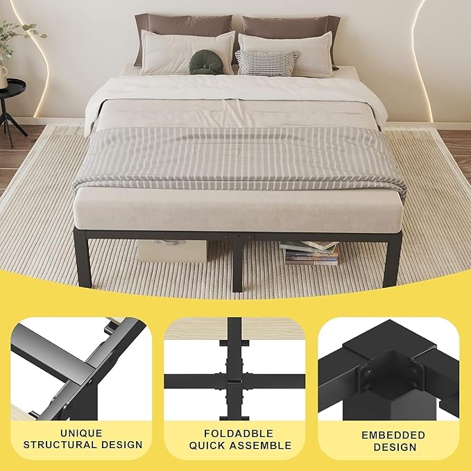 ROIL 18 inch Queen Size Bed Frame with Wood Slats - 3500lbs Heavy Duty No Box Spring Needed Platform, Mattress Stoppers Double Metal Noise Free Bedframe with Headboard Hole