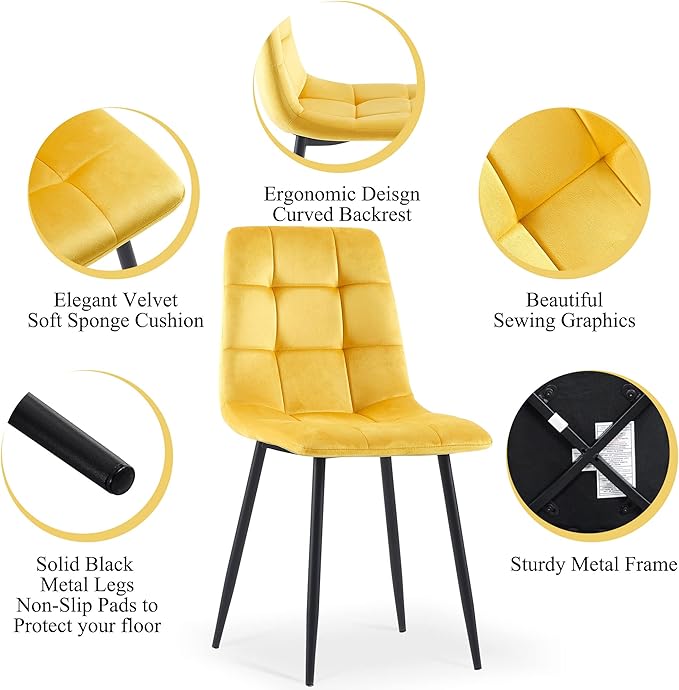 Modern Dining Chair Velvet Set of 4,Upholstered Living Room Chair with No Arms Side Chair High-Back Space Savining Accent Chair with Metal Legs for Dining Room,Living Room, Yellow