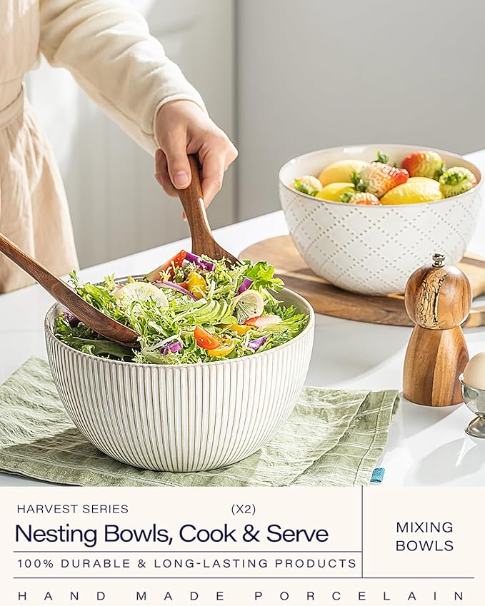getstar Deep Ceramic Mixing Bowl Set of 2, 3&1.8 Qt Large Salad Serving Bowls Vintage Nesting Mixing Bowls for Cooking, Baking, Prepping, Microwave and Dishwasher Safe