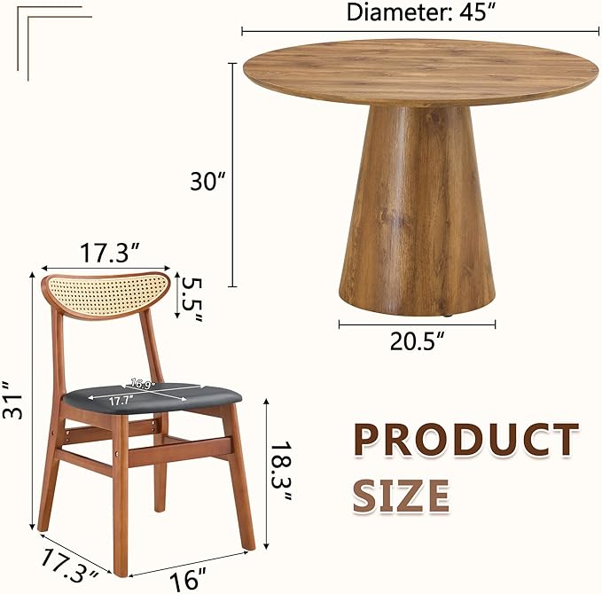 45 Inch Round Dining Table Set for 6, 7 Piece Kitchen Table and Chairs Set, Wooden Table with Light Walnut Finish, Small Space Dining Set for Apartment or Dining Room