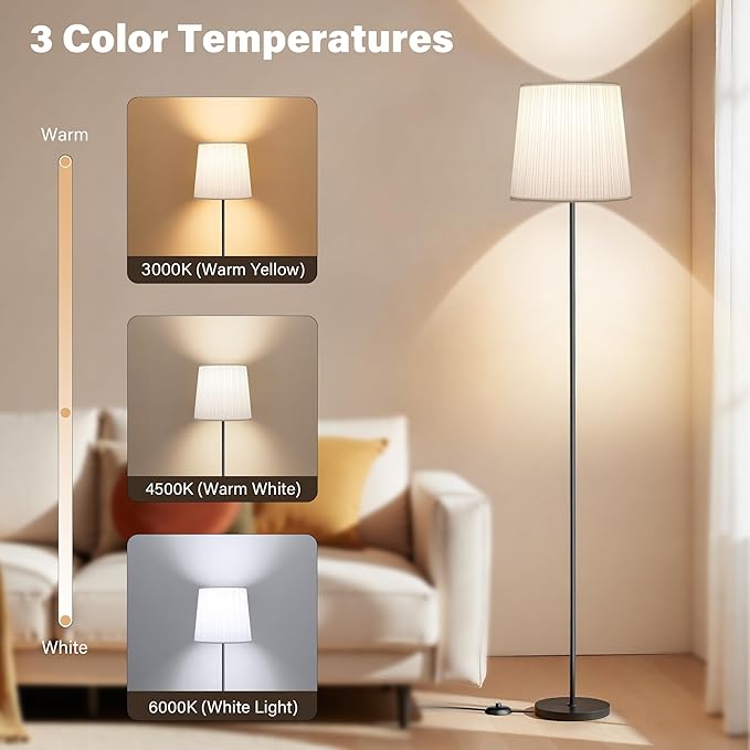Floor Lamp with Pleated Shade - Dimmable LED Standing Lamp with Foot Switch, 3 Color Temps, 9W E26 Bulb Included, 62" Floor Reading Light for Living Room Bedroom Office Corner, Black