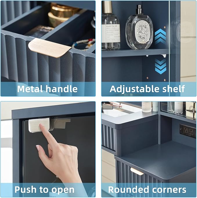 LEYAOYAO Vanity Desk with Mirror and Lights, 43.5'' Fluted Makeup Vanity with 6 Drawers and Adjustable Shelves, Glass Top Make Up Vanity, Girls Wood Dressing Table with Power Outlet for Bedroom