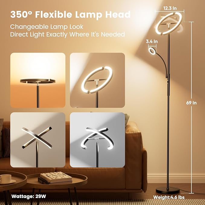 Upgraded 2-in-1 LED Floor Lamp - Dimmable Mother-Daughter Standing Lamp with Remote&Touch Control, 29W Bright Floor Reading Light, Black Modern Standing Light for Living Room Bedroom Office