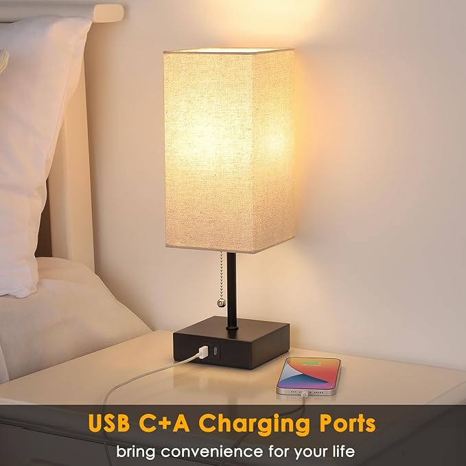 GGOYING Set of 2 Bedside Table Lamp, Pull Chain Table Lamp with USB C+A Charging Ports, 2700K LED Bulb, Fabric Linen Lampshade, Nightstand Lamp for End Table Livingroom Bedroom Office Guestroom