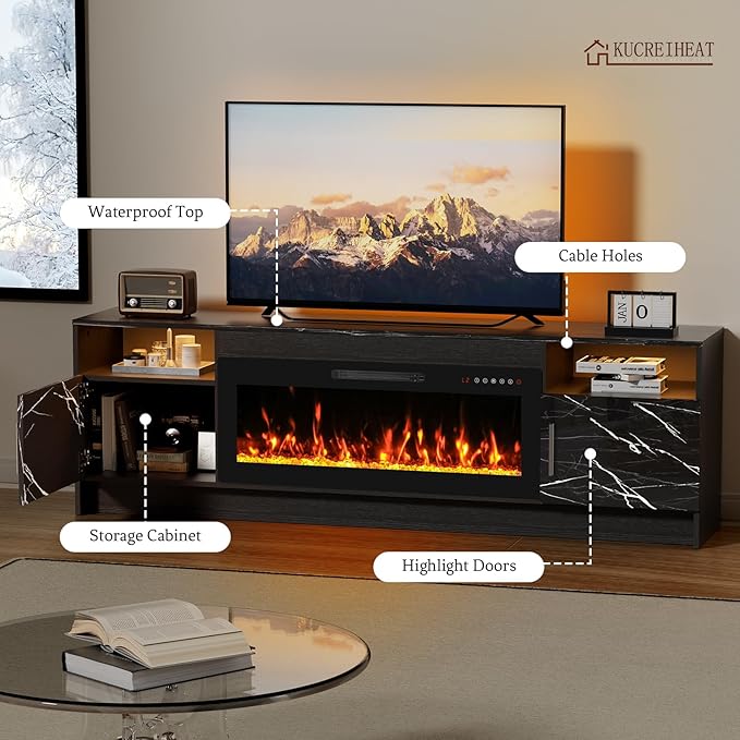 70'' TV Stand with Fireplace-Marble Black Entertainment Center for 75+ inch TV- TV Cabinet with LED Light, Storage, High Glossy Door, Modern TV Console for Living Room