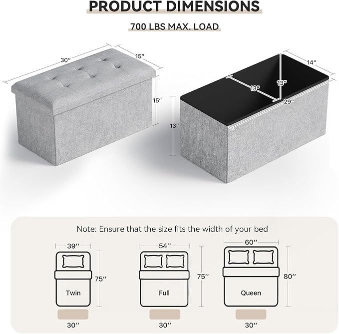 Storage Ottoman Bench, 30 Inch Ottoman Foot Rest, End of Bed Bench, Storage Chest, Load 700 lb, for Living Room, Bedroom, Entryway, Light Gray