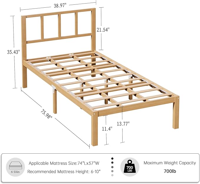 14 Inch Bamboo Bed Frame – Solid Wood Platform Bed Frame, Strong and Stable, with Non-Slip Slats for Support, No Box Spring Needed, Easy to Assemble, Noise-Free (Natural with Headboard, Twin)