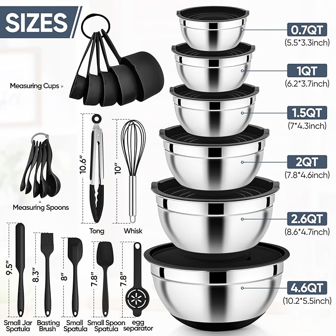 E-far Mixing Bowls with Airtight Lid Set, 25PCS Stainless Steel Nesting Prep Bowls with Grater Attachments Non-Slip Bottoms for Cooking, Baking, Serving, Food Storage, 4.6/2.6/2/1.5/1/0.7QT - Black