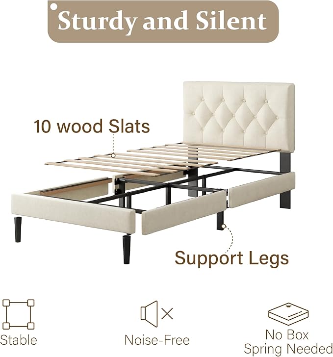 Twin Size Platform Bed Frame with Upholstered Headboard, Button Tufted Design, No Box Spring Needed, Easy Assembly, Noise Free