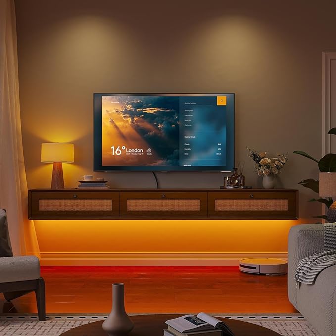 Fully-Assembled Floating TV Stand with 3 Rattan Doors, Rustic Floating Entertainment Center Under TV Shelf, Modern Large Storage Wall Mounted Media Console for Living Room Bedroom 78IN