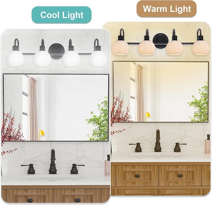 4-Light Vanity Light Fixtures, Black Bathroom Lighting Fixtures with Milk White Globe Glass Shade, Wall Mounted Lamp for Kitchen Over Mirror Bath Living Room