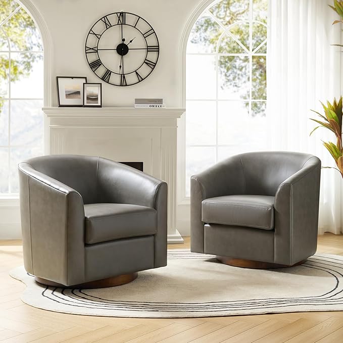 HULALA HOME Faux Leather Swivel Accent Chairs Set of 2 with Solid Wood Base, Round Swivel Barrel Chairs for Living Room and Bedroom, Grey