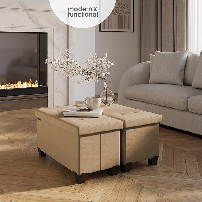 STORAGEBUD Storage Ottoman Bench with Bins, 30-in Storage Bench for Bedroom End of Bed, Folding Foot Rest Ottoman for Living Room Max 660lbs, Velvet Ottomans, Taupe