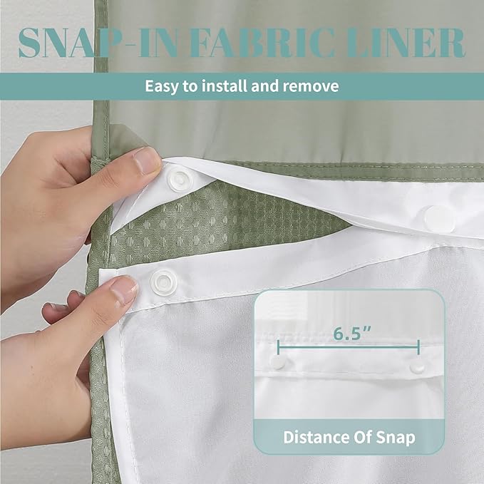 Stall SageGreen No Hook Waffle Weave Shower Curtain with snap-in Liner Replacement, 230GSM Waterproof Fabric Hotel Shower Curtain Set for Bathroom, Through Mesh Top Window,54Wx80H