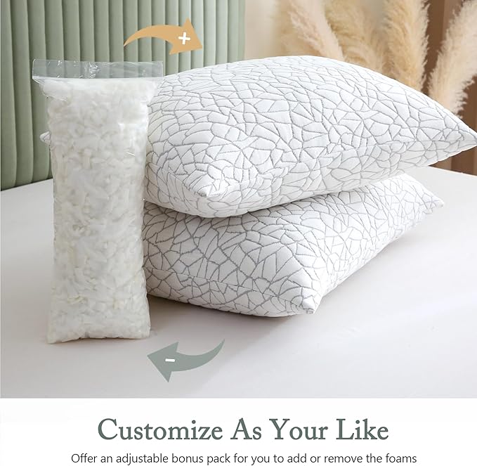 BPC Premium Rayon Derived from Bamboo Pillows Queen Size Set of 2 - Adjustable Shredded Memory Foam Pillow with Removable Cover Firm Pillow for Side Stomach and Back Sleepers, CertiPUR-US