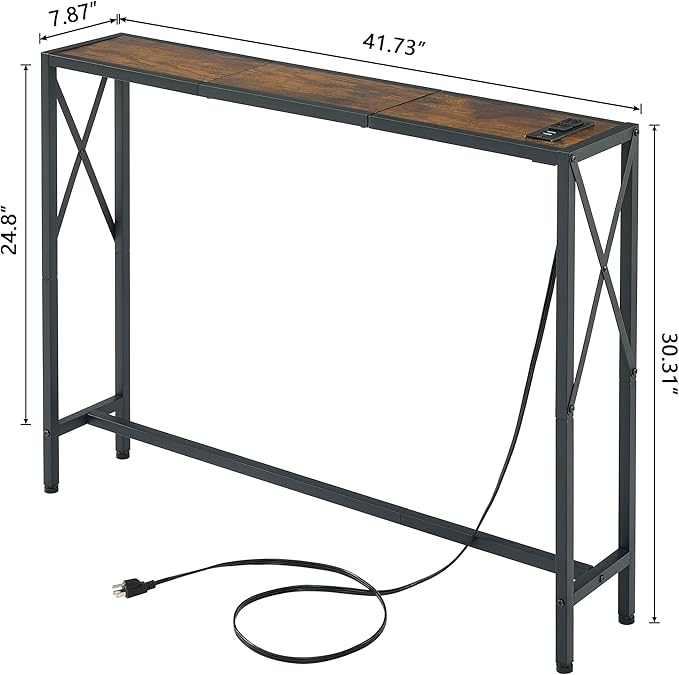 41.8" Console Table, Narrow Behind The Couch Table with Outlet, Industrial Skinny Stand for Hallway, Entryway, Living Room, Bedroom, 6.5 Feet Power Cord,Rustic Brown