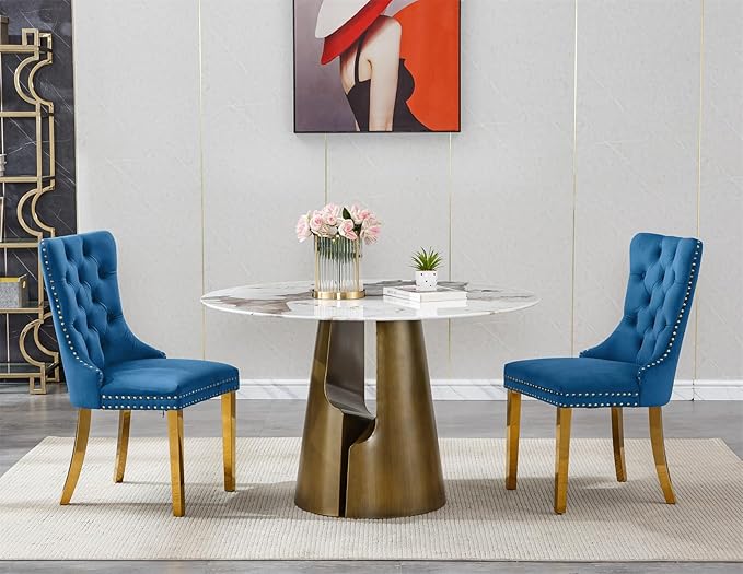3-Piece Faux Marble Round Dining Table Set for 2, Modern Luxury Kitchen Table Set for 2 with Blue Tufted Chairs,Circle Dining Tables with Pandora Grain Top and Bronze Pedestal Base