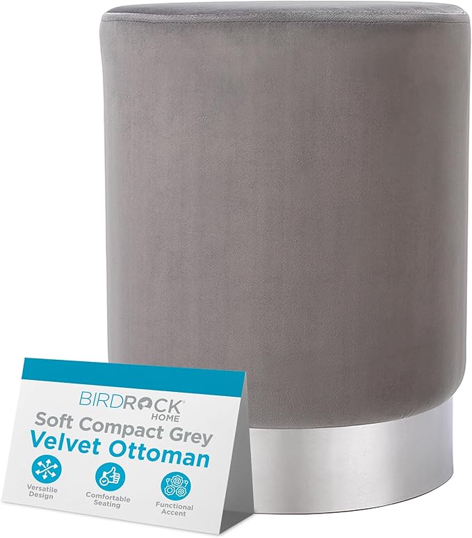 BIRDROCK HOME Round Ottoman Foot Stool – Soft Padded Modern Stool Design – Ideal for Living Room, Bedroom – Compact Footrest, Vanity Chair, Small Furniture – Foam Seating, Decorative Accent (Grey)