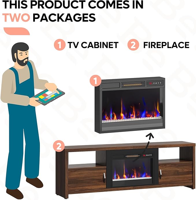 Bestier 70" Electric Fireplace TV Stand for TVs Up to 75", Modern Entertainment Center with Storage Cabinets, LED Lights, Open Shelves and Cable Holes for Living Room, Dark Walnut