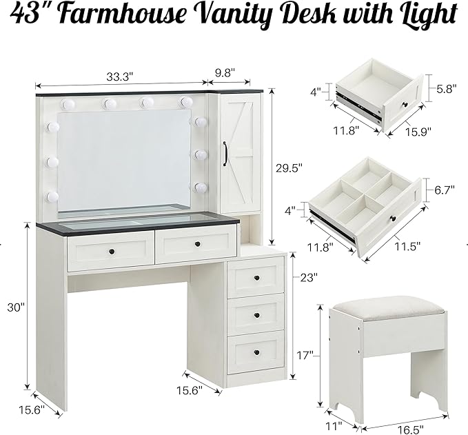 Farmhouse Vanity Desk with Mirror and Lights, 43" Wide Makeup Vanity with Glass Tabletop and Charging Station, Modern Vanity Table Set with Storage and Stool for Bedroom, Off White