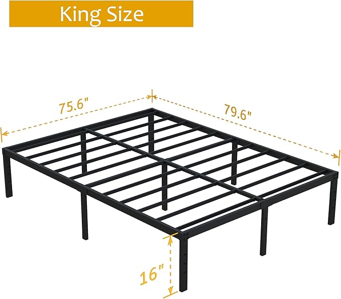 16 Inch King Bed Frame No Box Spring Needed, Heavy Duty King Platform Bed Frame Support Up to 3000 lbs, Easy Assembly, Noise Free, Black