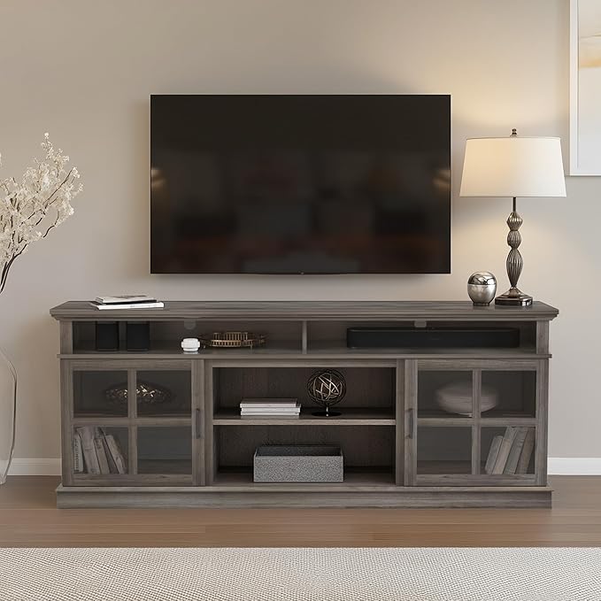 Fireplace TV Stand with Wood Glass Storage Cabinets, Farmhouse Entertainment Center for TVs up to 80", Mid Century Modern Media TV Console Table for Living Room Bedroom(Gray)