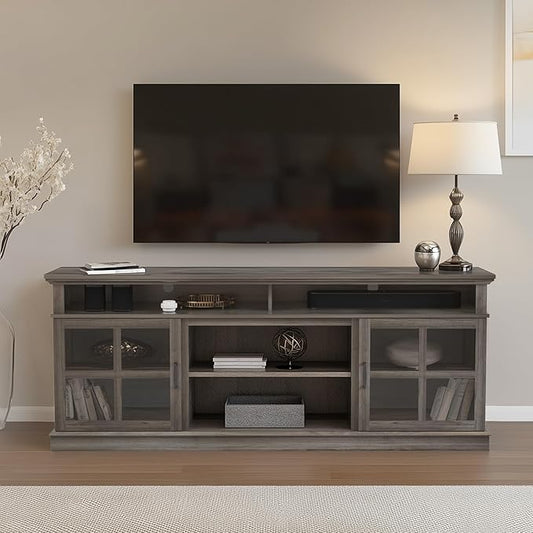 Fireplace TV Stand with Wood Glass Storage Cabinets, Farmhouse Entertainment Center for TVs up to 80", Mid Century Modern Media TV Console Table for Living Room Bedroom(Gray)