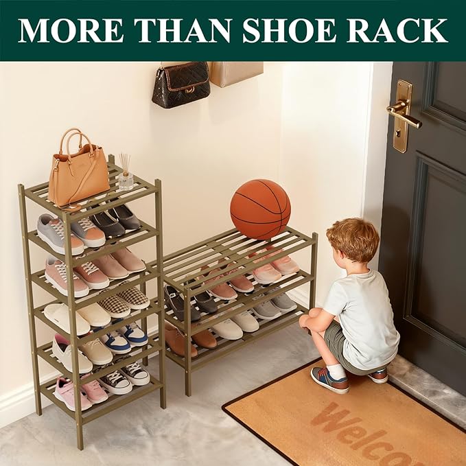 Smiry Bamboo Shoe Rack 4-Tier, Stackable Wooden Shoe Organizer for Entryway & Closet, Free Standing Wood Shoe Storage Shelf for Front Door & Small Spaces, Walnut