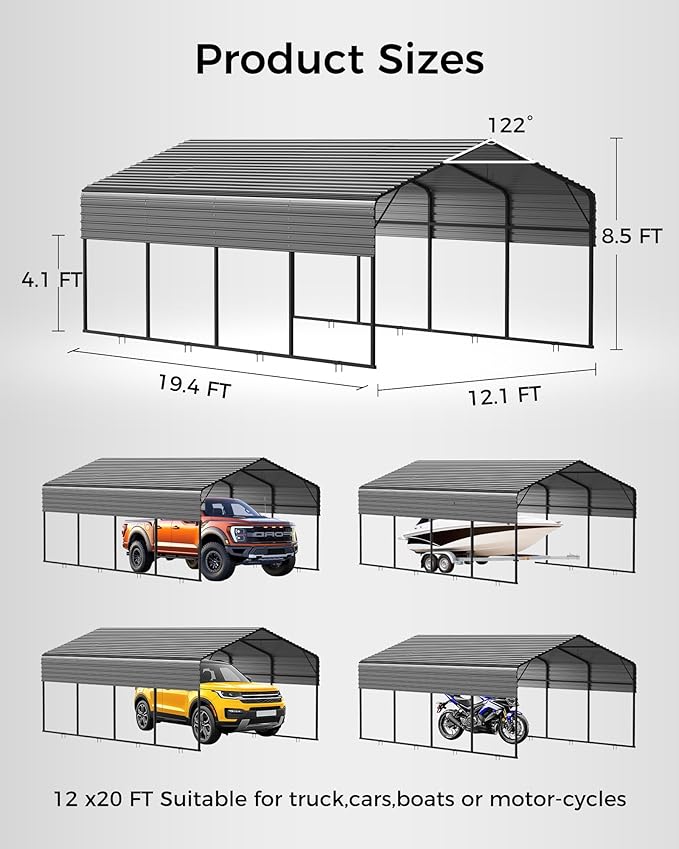 12x20FT Heavy Duty Metal Carport Kit, Galvanized Permanent Shelter for Pickup Trucks, Tractors, RVs - Extra Sturdy Frame with Enhanced Anchoring System & Snow Load Capacity